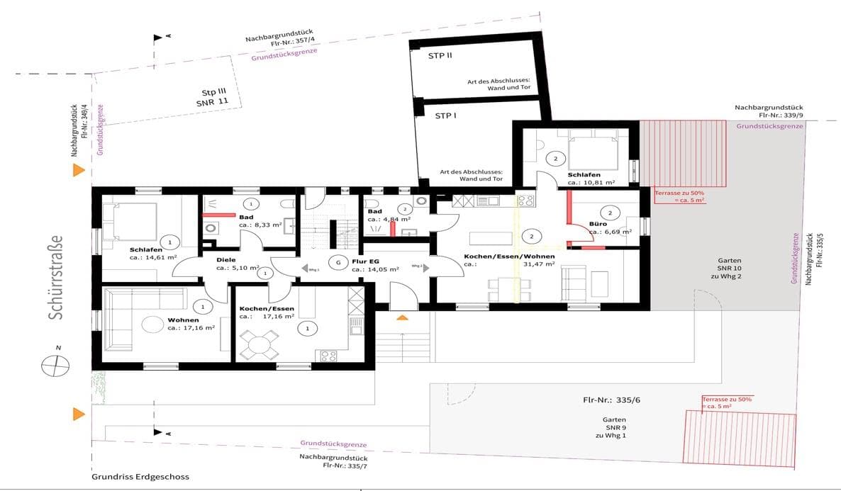 Grundriss Erdgeschoss mit Wohnung 1 und 2, Terrassen, Garten und Garagen