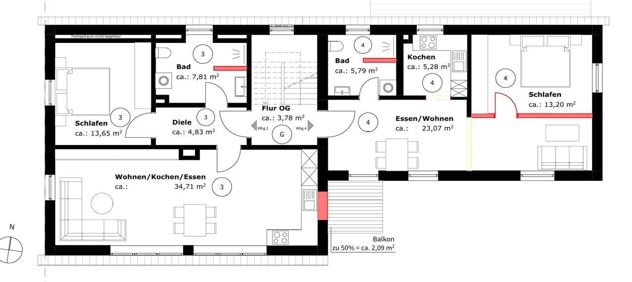 Grundriss erstes Obergeschoss mit Wohnung 3 und 4 und Balkon